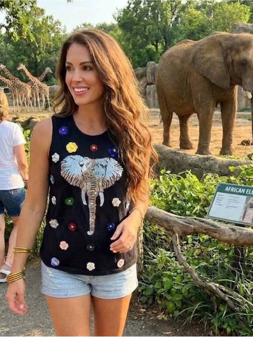 New! QUEEN OF SPARKLES Black Sequin Elephant Flower Tank Top